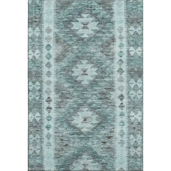 Teal Gray And Aqua Geometric Washable Area Rug With UV Protection Photo 1