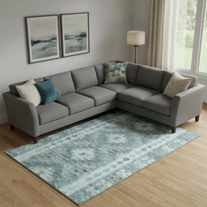 Teal Gray And Aqua Geometric Washable Area Rug With UV Protection Photo 2