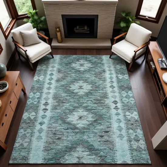 Teal Gray And Aqua Geometric Washable Area Rug With UV Protection Photo 5