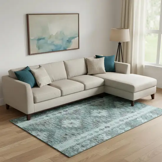 Teal Gray And Aqua Geometric Washable Area Rug With UV Protection Photo 2