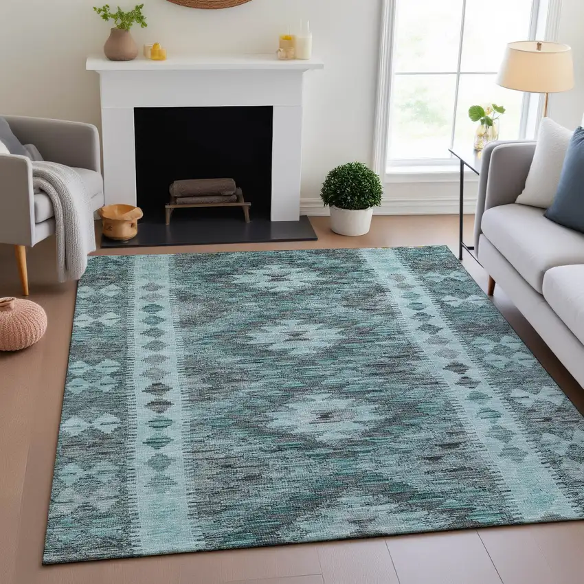 Teal Gray And Aqua Geometric Washable Area Rug With UV Protection Photo 4