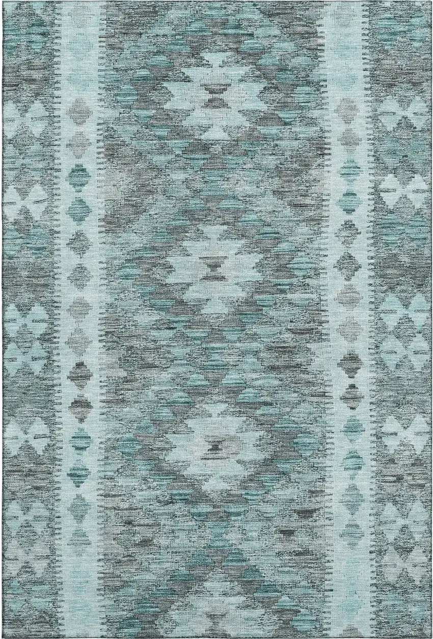 Teal Gray And Aqua Geometric Washable Area Rug With UV Protection Photo 1