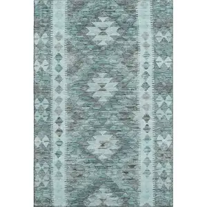 Photo of Teal Gray And Aqua Geometric Washable Area Rug With UV Protection