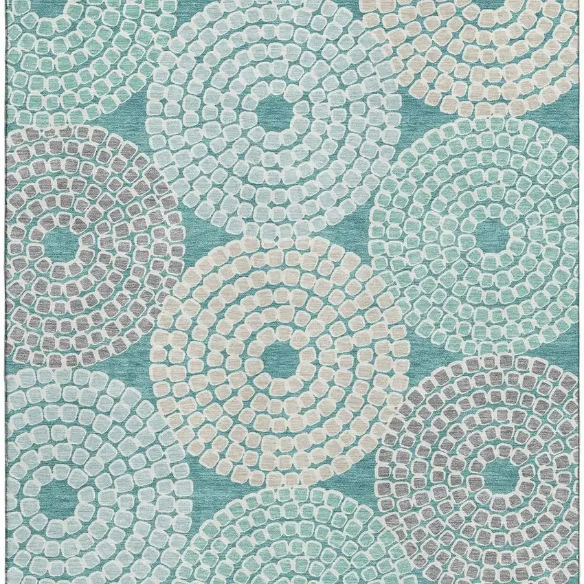 Teal Gray And Beige Geometric Washable Area Rug With UV Protection Photo 3
