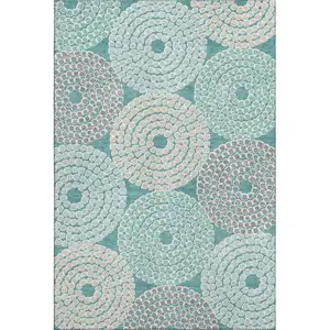 Photo of Teal Gray And Beige Geometric Washable Area Rug With UV Protection