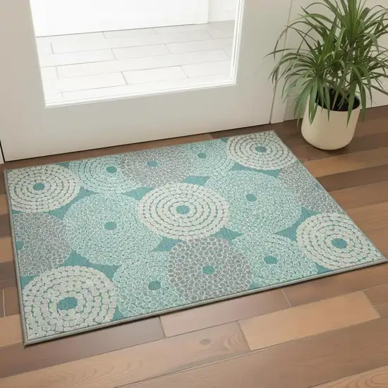 Teal Gray And Beige Geometric Washable Area Rug With UV Protection Photo 2