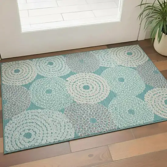 Teal Gray And Beige Geometric Washable Area Rug With UV Protection Photo 1