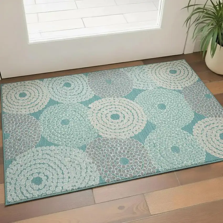 Teal Gray And Beige Geometric Washable Area Rug With UV Protection Photo 1