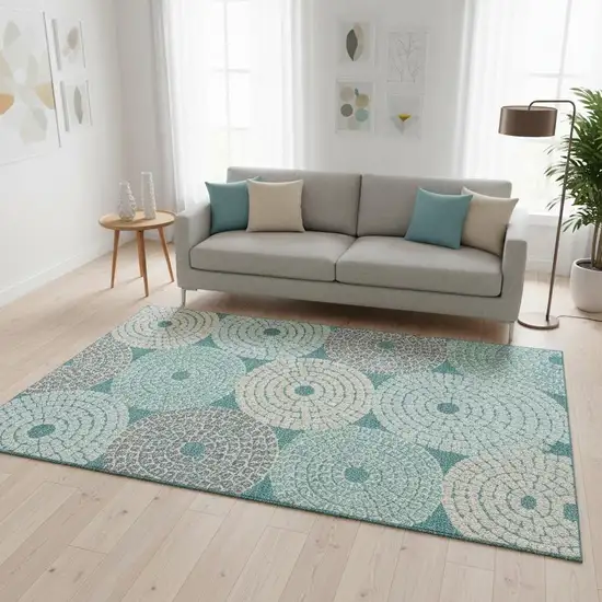 Teal Gray And Beige Geometric Washable Area Rug With UV Protection Photo 2