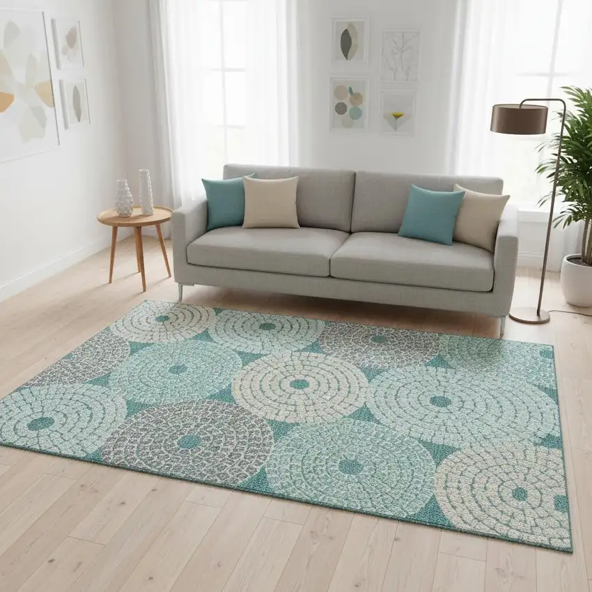 Teal Gray And Beige Geometric Washable Area Rug With UV Protection Photo 2