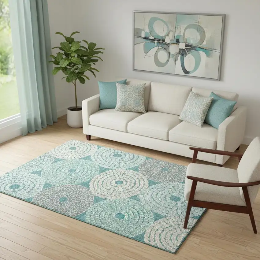 Teal Gray And Beige Geometric Washable Area Rug With UV Protection Photo 1