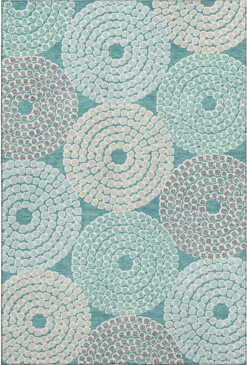 Teal Gray And Beige Geometric Washable Area Rug With UV Protection Photo 1