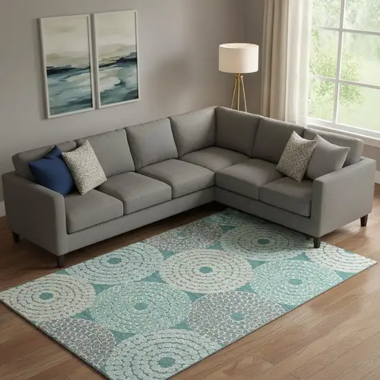 Teal Gray And Beige Geometric Washable Area Rug With UV Protection Photo 2