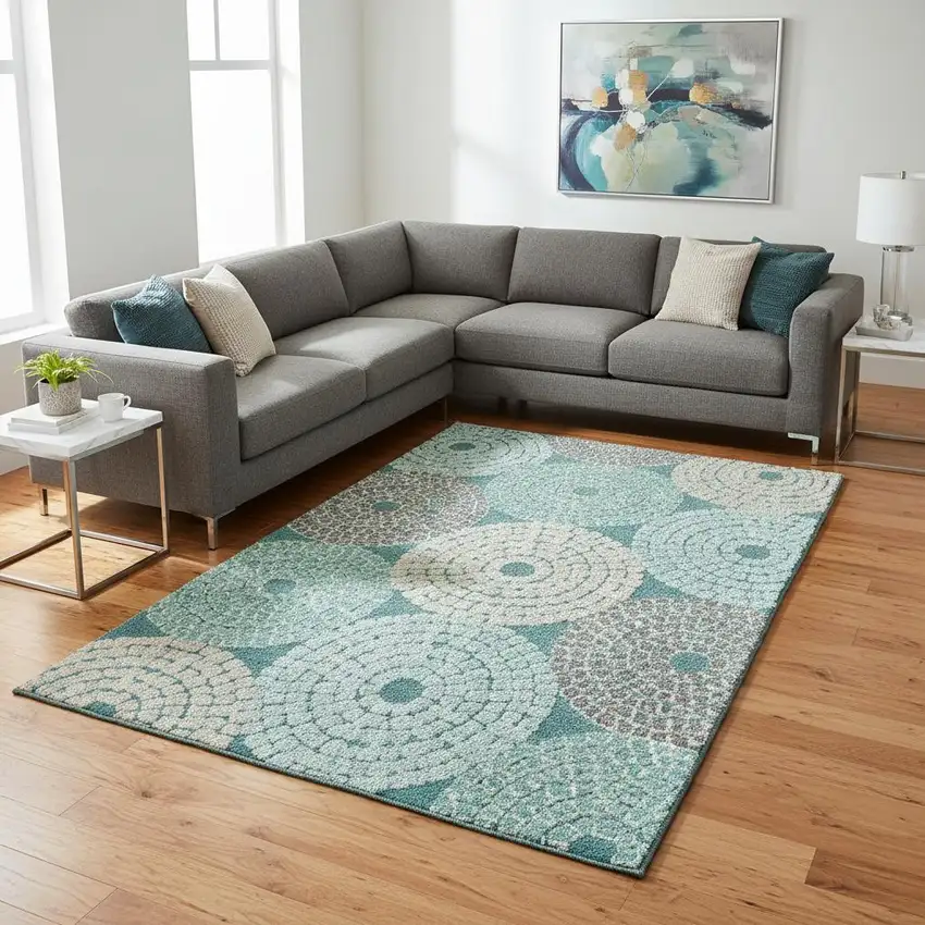 Teal Gray And Beige Geometric Washable Area Rug With UV Protection Photo 2