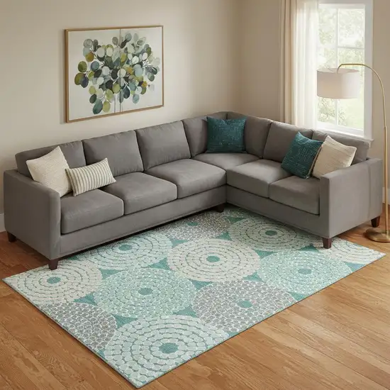 Teal Gray And Beige Geometric Washable Area Rug With UV Protection Photo 1