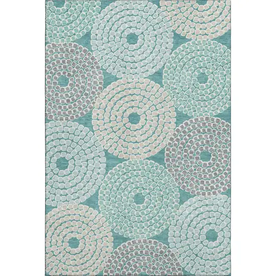 Teal Gray And Beige Geometric Washable Area Rug With UV Protection Photo 1