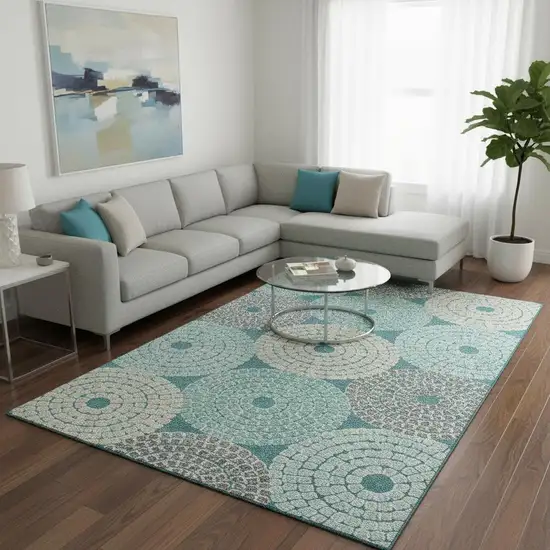 Teal Gray And Beige Geometric Washable Area Rug With UV Protection Photo 2