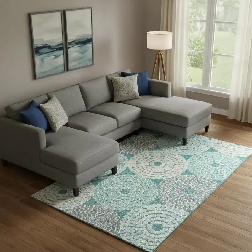 Teal Gray And Beige Geometric Washable Area Rug With UV Protection Photo 1