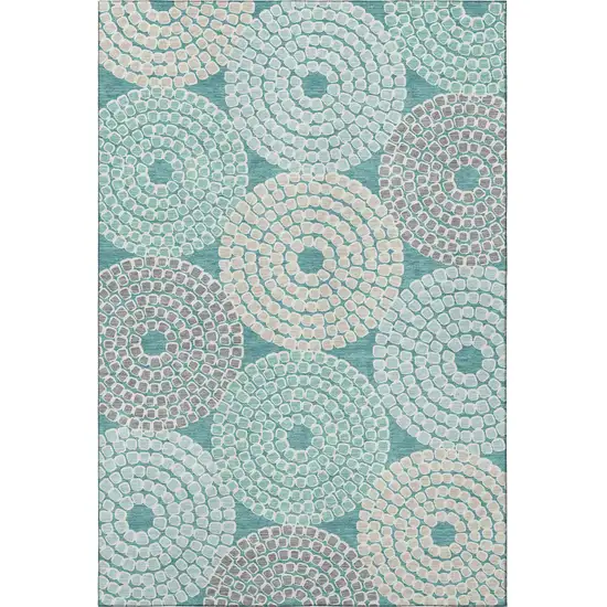 Teal Gray And Beige Geometric Washable Area Rug With UV Protection Photo 4
