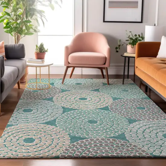 Teal Gray And Beige Geometric Washable Area Rug With UV Protection Photo 5