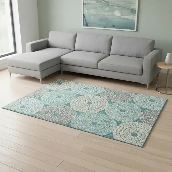 Teal Gray And Beige Geometric Washable Area Rug With UV Protection Photo 2