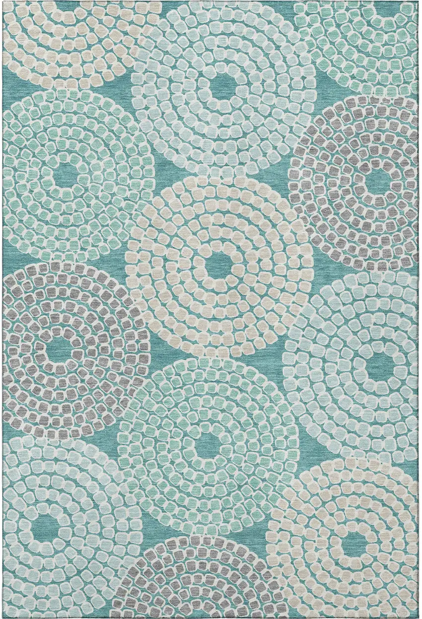 Teal Gray And Beige Geometric Washable Area Rug With UV Protection Photo 4