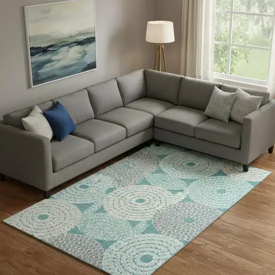 Teal Gray And Beige Geometric Washable Area Rug With UV Protection Photo 1