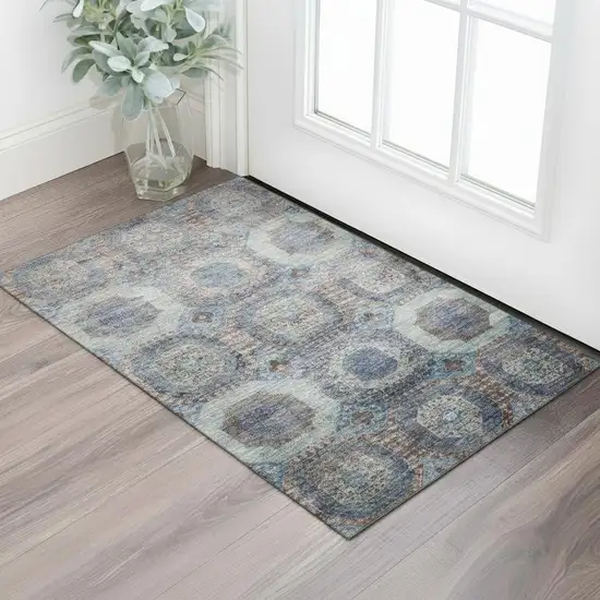 Teal Gray And Blue Abstract Geometric Washable Area Rug With UV Protection Photo 2