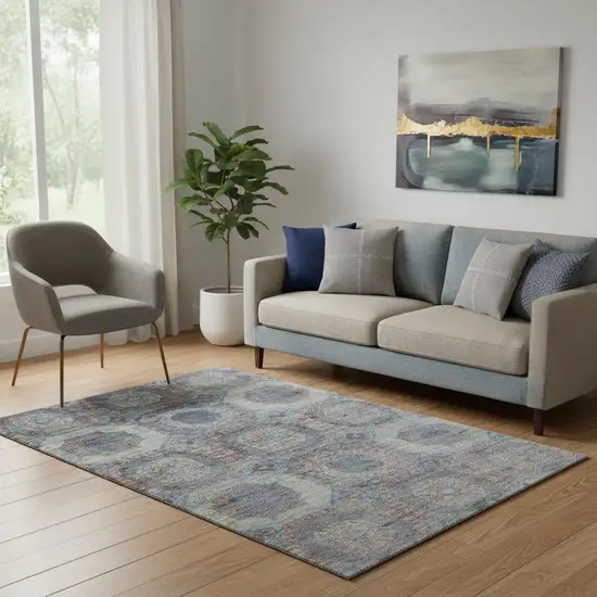 Teal Gray And Blue Abstract Geometric Washable Area Rug With UV Protection Photo 2