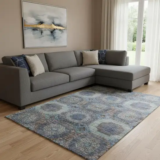 Teal Gray And Blue Abstract Geometric Washable Area Rug With UV Protection Photo 2