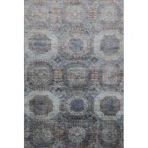 Photo of Teal Gray And Blue Abstract Geometric Washable Area Rug With UV Protection