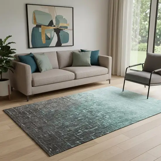Teal Gray And Charcoal Ombre Washable Area Rug With UV Protection Photo 2