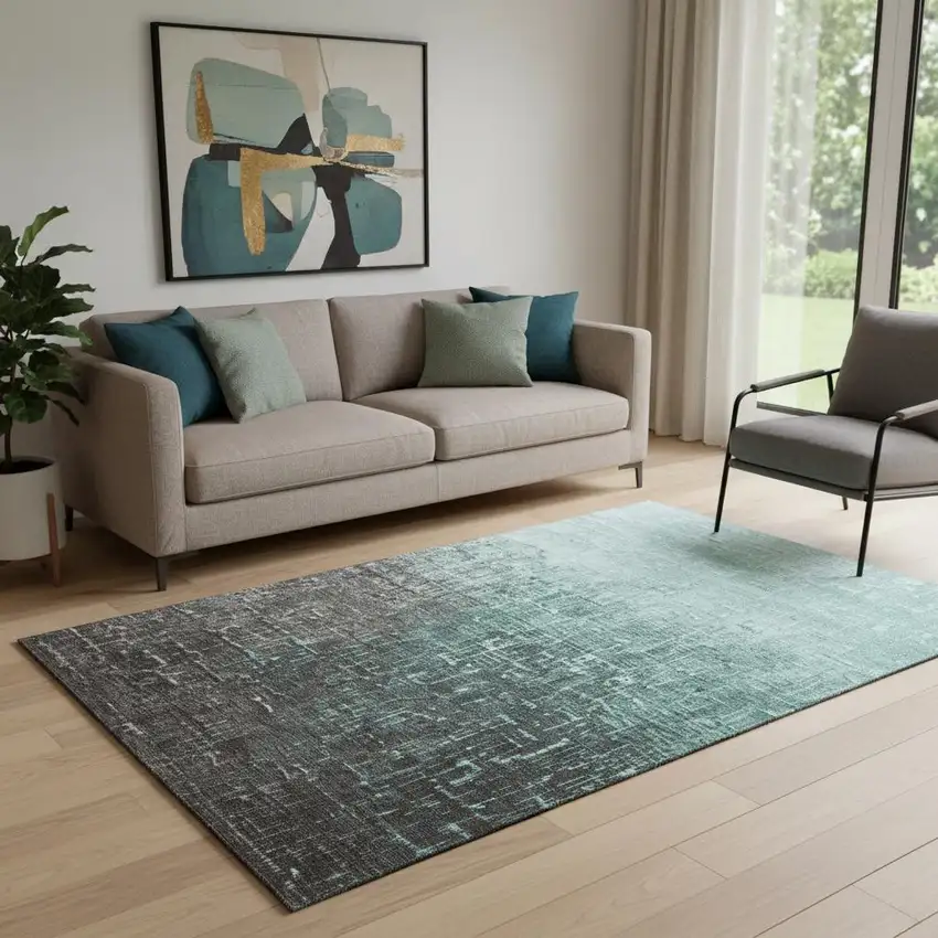 Teal Gray And Charcoal Ombre Washable Area Rug With UV Protection Photo 2