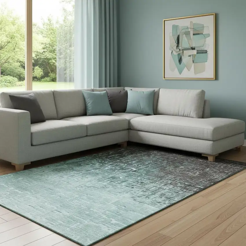 Teal Gray And Charcoal Ombre Washable Area Rug With UV Protection Photo 2