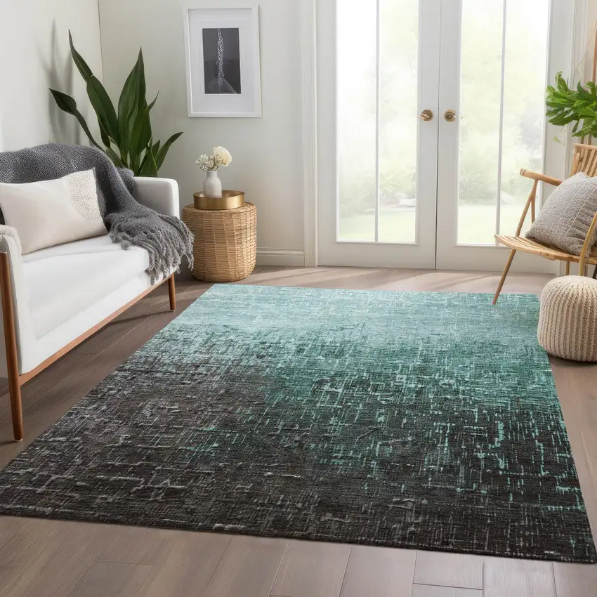 Teal Gray And Charcoal Ombre Washable Area Rug With UV Protection Photo 5