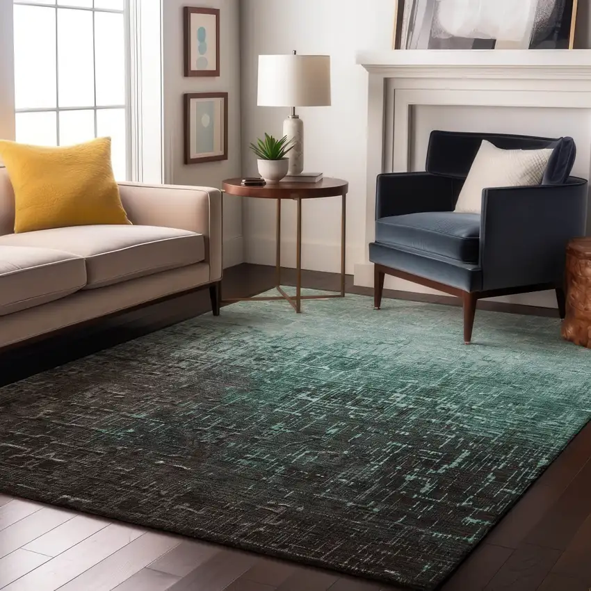Teal Gray And Charcoal Ombre Washable Area Rug With UV Protection Photo 4