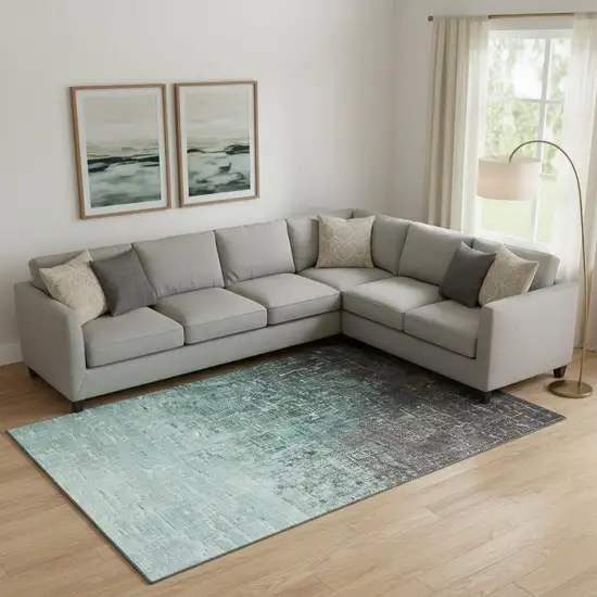 Teal Gray And Charcoal Ombre Washable Area Rug With UV Protection Photo 2