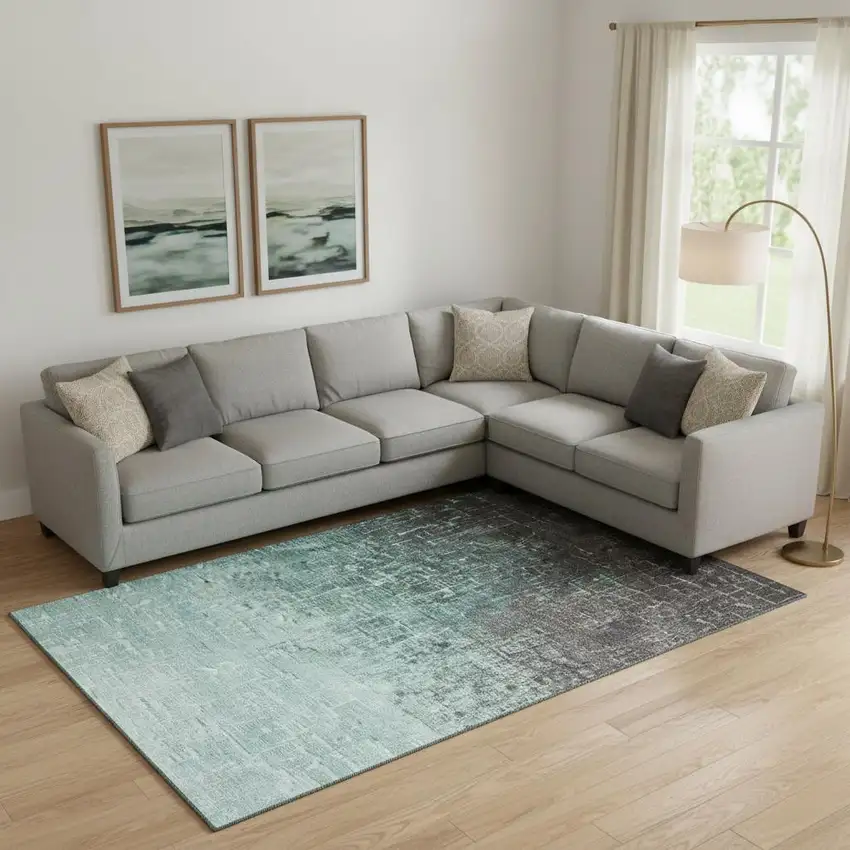 Teal Gray And Charcoal Ombre Washable Area Rug With UV Protection Photo 2