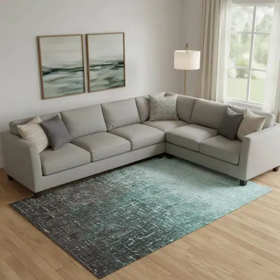 Teal Gray And Charcoal Ombre Washable Area Rug With UV Protection Photo 2