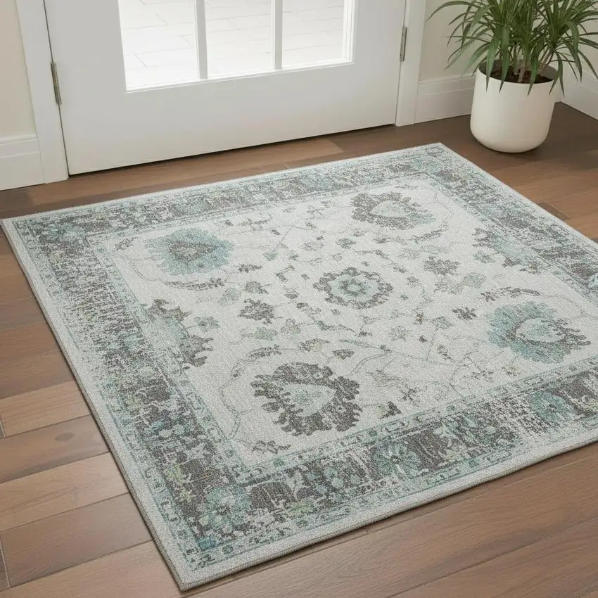Teal Gray And Charcoal Oriental Washable Area Rug With UV Protection Photo 2