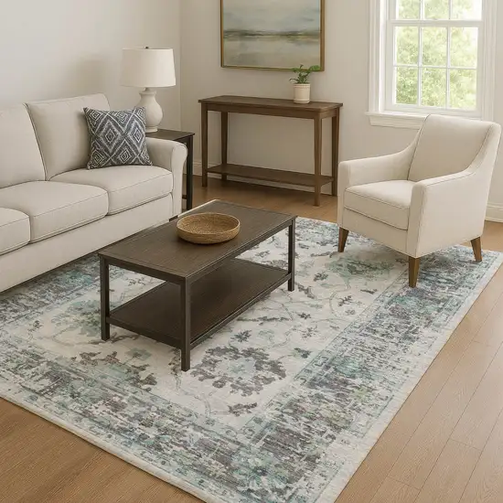 Teal Gray And Charcoal Oriental Washable Area Rug With UV Protection Photo 6