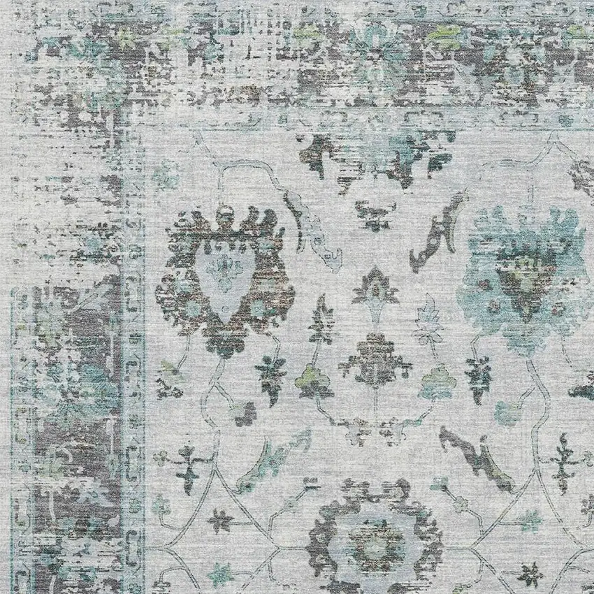 Teal Gray And Charcoal Oriental Washable Area Rug With UV Protection Photo 3