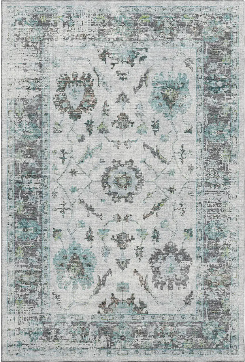 Teal Gray And Charcoal Oriental Washable Area Rug With UV Protection Photo 1