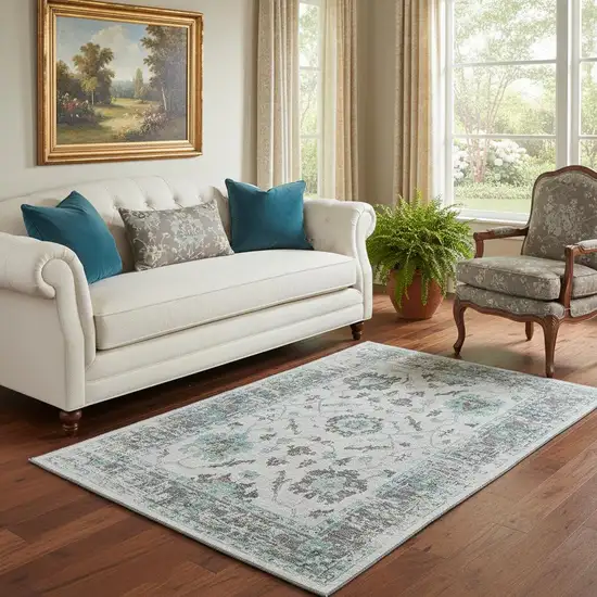 Teal Gray And Charcoal Oriental Washable Area Rug With UV Protection Photo 2