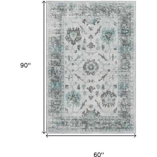 Teal Gray And Charcoal Oriental Washable Area Rug With UV Protection Photo 9