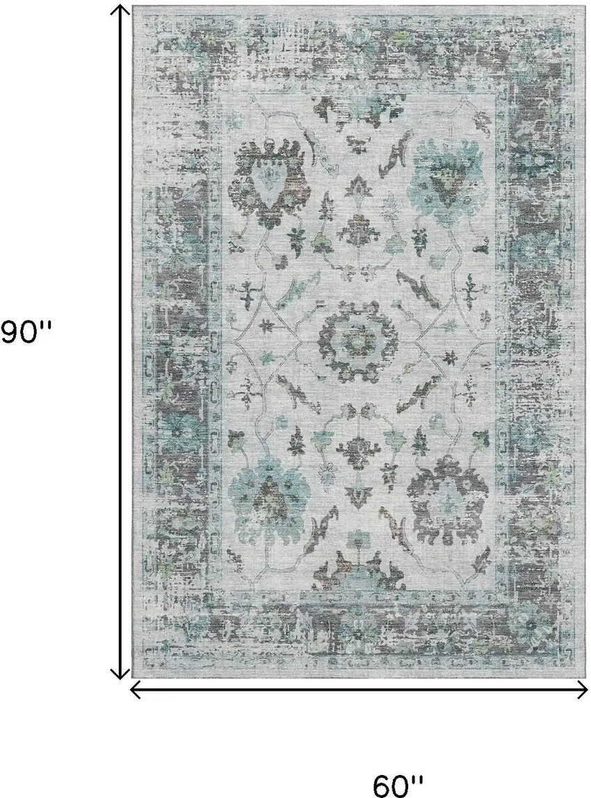Teal Gray And Charcoal Oriental Washable Area Rug With UV Protection Photo 9