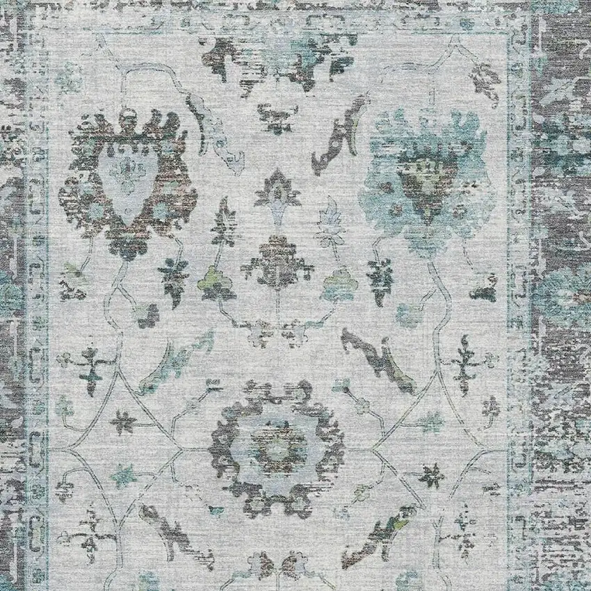 Teal Gray And Charcoal Oriental Washable Area Rug With UV Protection Photo 3