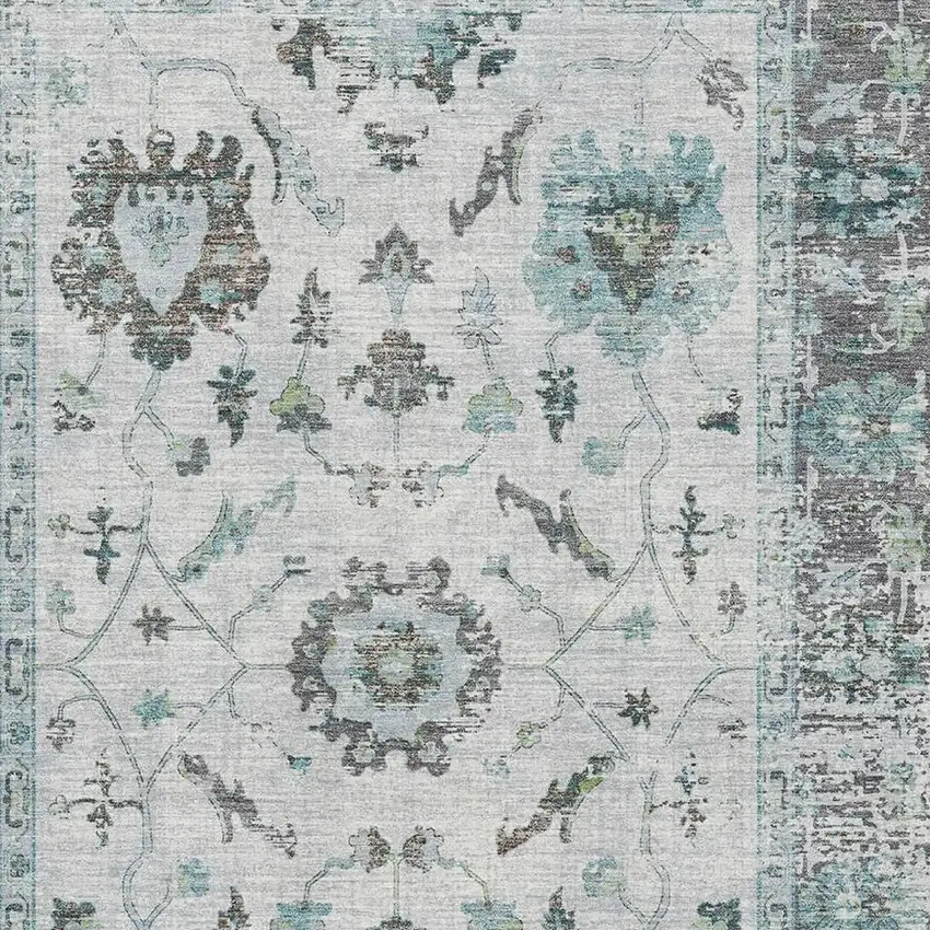 Teal Gray And Charcoal Oriental Washable Area Rug With UV Protection Photo 3