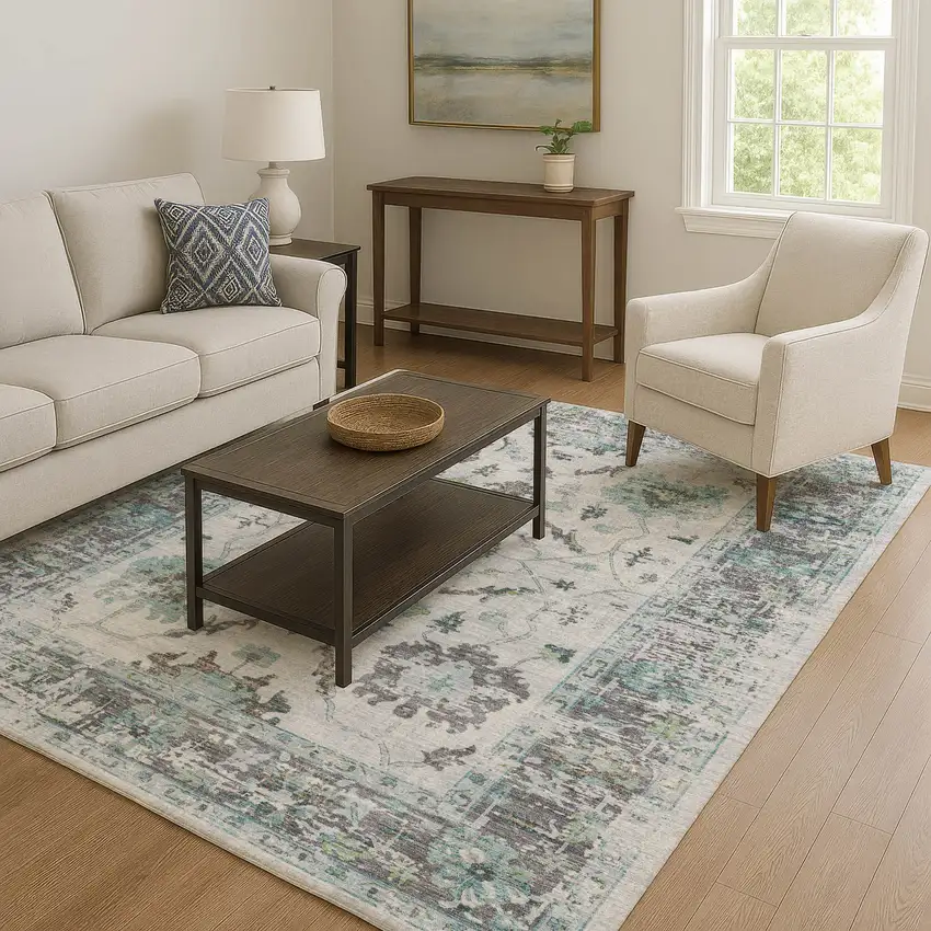 Teal Gray And Charcoal Oriental Washable Area Rug With UV Protection Photo 6