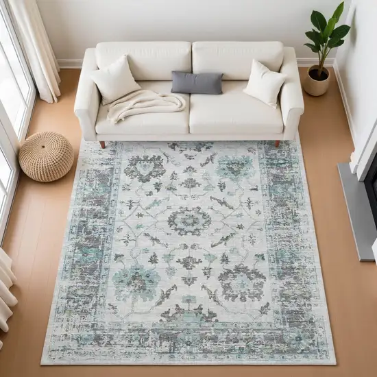 Teal Gray And Charcoal Oriental Washable Area Rug With UV Protection Photo 5